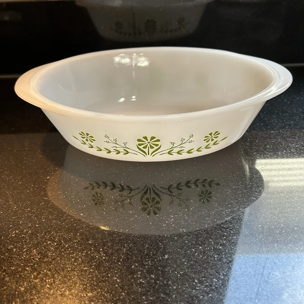 Vintage Glasbake Milk Glass Green Daisy Floral Casserole Dish 1 Qt, Granny